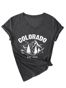 Damen Colorado Berg Grafik V-Ausschnitt Kurzarm Lässiges T-Shirt in Grau Top Style