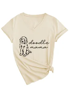 Casual women v-neck short sleeve t-shirt featuring cute doodle dog graphic and tie knot.