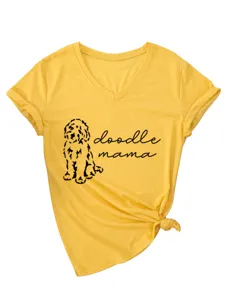 Women cute doodle dog print v-neck short sleeve knot hem casual yellow t-shirt top
