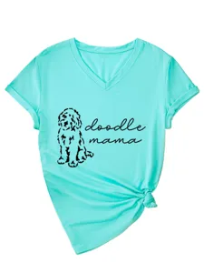 Casual Women V-Neck Short Sleeve T-Shirt with Cute Dog Graphic Tee Top in Teal Color