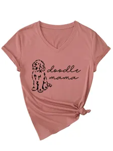Cute doodle mama graphic print women v-neck short sleeve knotted t-shirt casual top