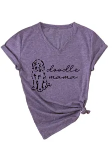 Women's V-Neck Short Sleeve T-Shirt Doodle Mama Graphic Casual Purple Tee Top Size