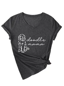 Dark grey V-neck short sleeve t-shirt featuring a cute doodle dog print and lettering.