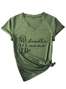 Green v-neck short sleeve t-shirt detail with cute doodle dog graphic print top.
