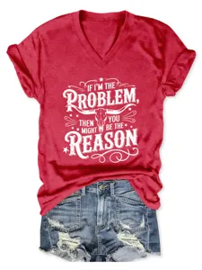 Detail view of red V-neck short sleeve graphic tee featuring bold skull and text print.