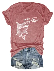 Damen Freizeit Süß Hai Print Kurzarm Rundhalsausschnitt T-Shirt mit Jeansshorts