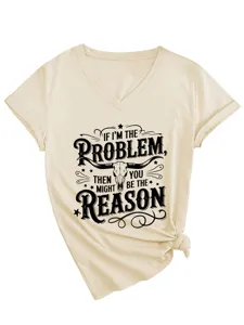 Women casual V-neck short sleeve graphic print T-shirt with stylish knot hem detail.