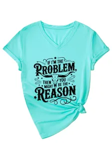 Women turquoise V-neck short sleeve graphic t-shirt with funny letter print and knot.