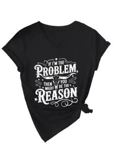 Women Casual V-Neck Short Sleeve T-Shirt With Letter Bull Skull Graphic Black Tee