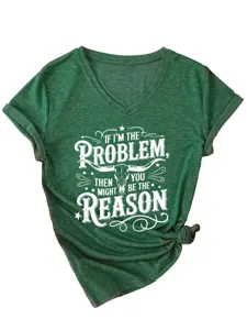 Women's green V-neck short sleeve graphic t-shirt with side knot and funny western quote.