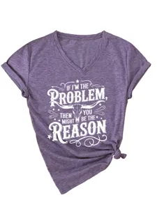 Purple v-neck short sleeve t-shirt with graphic print and front knot detail for women.
