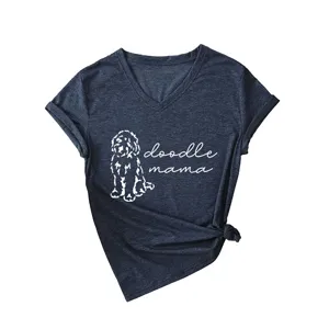 Casual women's V-neck short sleeve t-shirt featuring a cute doodle mama graphic print.