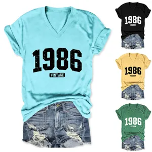 Donna vintage 1986 stampa scollo a V manica corta maglietta casual basic molto comoda.