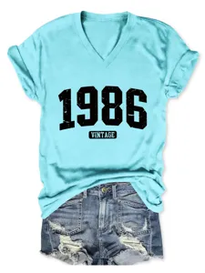 Donna vintage 1986 scollo a V maglietta manica corta estate casual basic con jeans