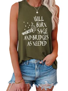 Damen lässiges grünes Tanktop mit lustigem Buchstabenprint lockeres ärmelloses Sommerhemd