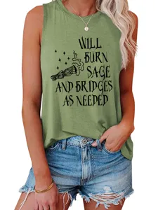 Damen lässiges ärmelloses Tanktop mit lustigem Spruch Grafik, bequemes lockeres grünes Oberteil.