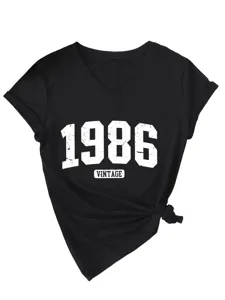 Maglietta Donna Scollo V Maniche Corte 1986 Vintage Casual Nera con Dettaglio Nodo