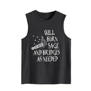 Nahaufnahme des dunkelgrauen Damen Tanktops mit weißem Salbei-Grafikdruck und Text.