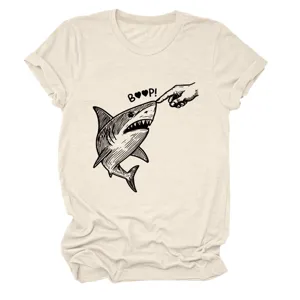Lässiges Damen Rundhals Kurzarm T-Shirt mit einem lustigen Hai Finger Druck Design.