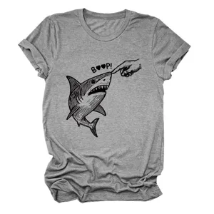 Damen graues kurzarm t-shirt freizeitmode süß hai grafik rundhals oberteil kleidung
