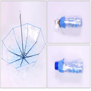Parapluie pliable transparent bleu à fleurs de cerisier, parapluie de pluie avec étui capsule.