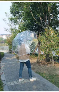 Transparenter Regenschirm Detailansicht, klarer Kuppelschirm mit süßem Schneeflockenmuster.