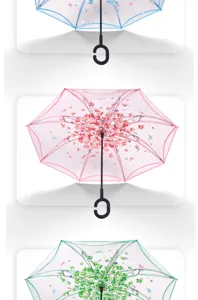 Transparent floral butterfly reverse umbrella detail view showing cherry prints and C-handle.