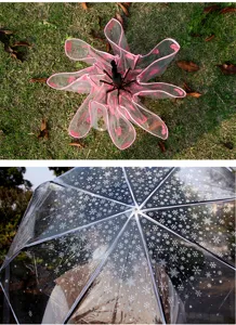 Klare transparente Regenschirm mit rüschen Rand und zarten Schneeflocken für jeden Tag.
