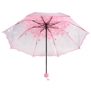 Parapluie pliant transparent a fleurs de cerisier vue ouverte avec motif rose et poignee.