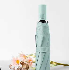 Light green automatic folding sun umbrella detail view, UV protection compact travel umbrella.