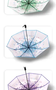 Clear transparent umbrella featuring floral and butterfly prints with colorful edges, detail view.