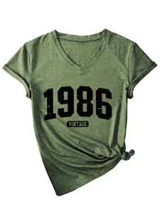 Donna vintage 1986 grafica colletto v maniche corte t-shirt casual top verde chic