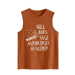 Detailansicht des rostorangenen Damen Freizeit ärmellosen Tanktops mit lustigem Grafikdruck Text.