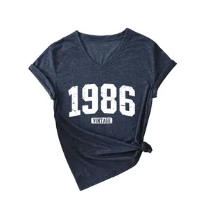 Donna Scollo V T-shirt maniche corte 1986 vintage top casual estivo maglietta grigio