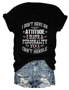 Casual women's short sleeve black t-shirt with funny quote print paired with denim shorts.