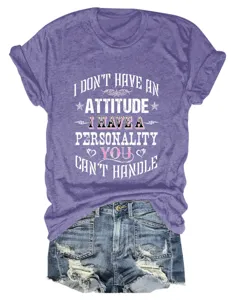 Casual women's purple short sleeve t-shirt with funny quote print and denim shorts.