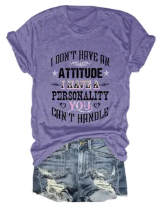 Women casual purple short sleeve t-shirt with funny attitude quote graphic print.