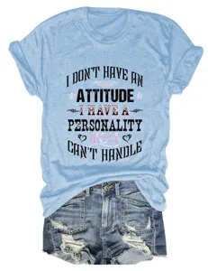 Casual light blue short sleeve t-shirt detail with stylish quote print and denim shorts.