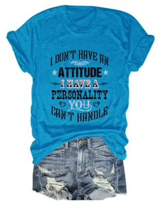 Casual blue short sleeve t-shirt with slogan print, featuring stylish graphic detail for women.
