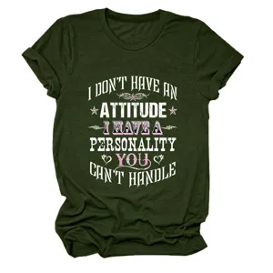 Close-up detail of army green casual women's short sleeve t-shirt with stylish typography.