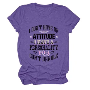 Casual women's purple short sleeve t-shirt with stylish letter print for daily wear.