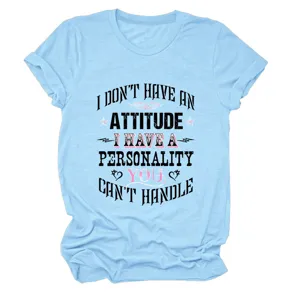 Casual women's short sleeve round neck t-shirt with stylish front letter print detail.