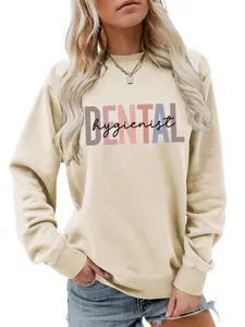 Lässiger Damen Zahnarzthelferin Langarm Rundhals Sweatshirt in Beigefarben Detailansicht