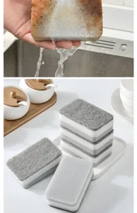 Close-up detail of double-sided cleaning sponge under water and stacked display setup.