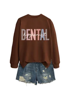 Damen brauner langarm rundhals sweatshirt mit dental hygienist druck freizeit oberteil
