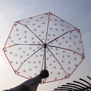 Transparenter Regenschirm mit rotem Herzmuster, stilvoller Regenschutz fur Damen und Madchen.