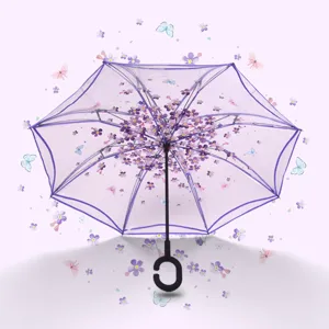 Transparent purple floral butterfly long umbrella with C-handle for daily rain use.