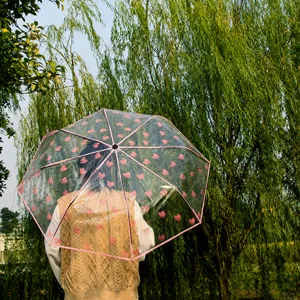Klarer transparenter Regenschirm mit niedlichen rosa Herzchen für sonnige Regentage.