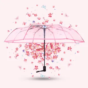 Transparent pink cherry blossom and butterfly print clear umbrella for women stylish design