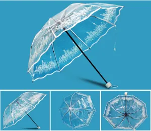Detaillierte Nahaufnahme des klaren automatischen Regenschirms mit weißem Stadtbild.